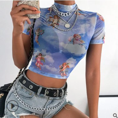 DEANWANGKT  Hot Sale 2022 Spring European and American Ins New Women's Sexy Angel Print Mesh Short Sleeve T-shirt Female in Stock - Deanwangkt