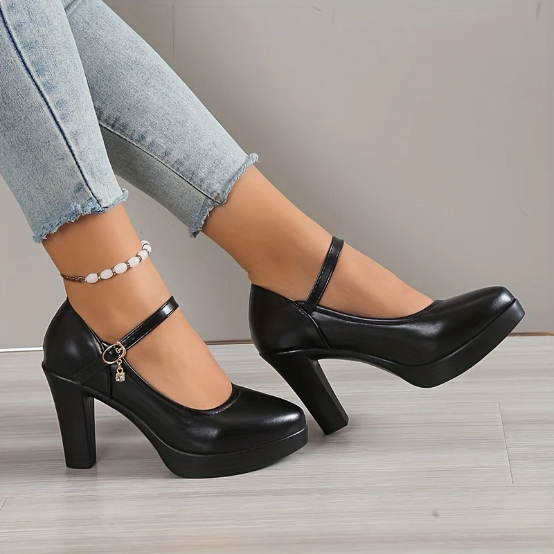 deanwangkt  Women's Chunky High Heels, Faux Leather Pointed Toe Ankle Strap Mary Jane Heels, All-Match Dress Shoes - Deanwangkt