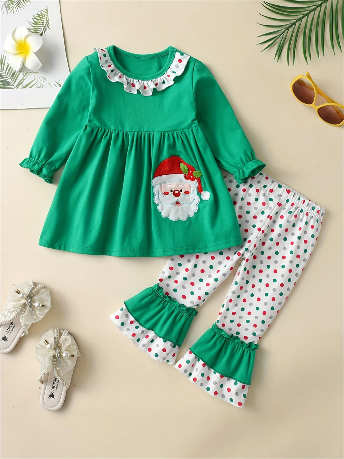 2pcs Girl's Santa Patched Outfit, Peplum Top & Polka Dots Pattern Flared Pants Set, Toddler Kid's Outdoor Clothes For Spring Fall - Deanwangkt