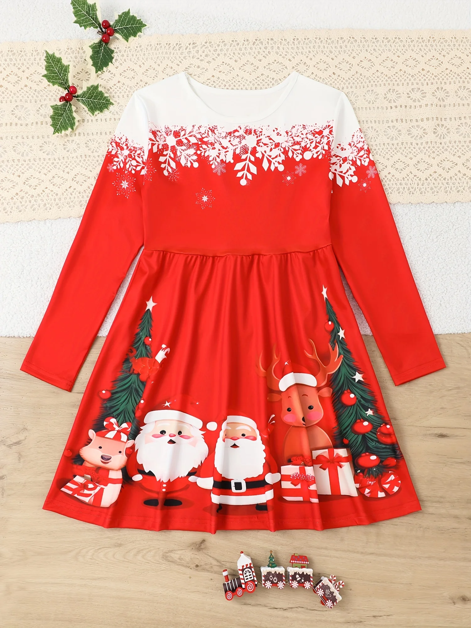 For Spring Fall Christmas Gift, Long Sleeve Girls Sweet Santa & Christmas Tree Graphic Dress - Deanwangkt