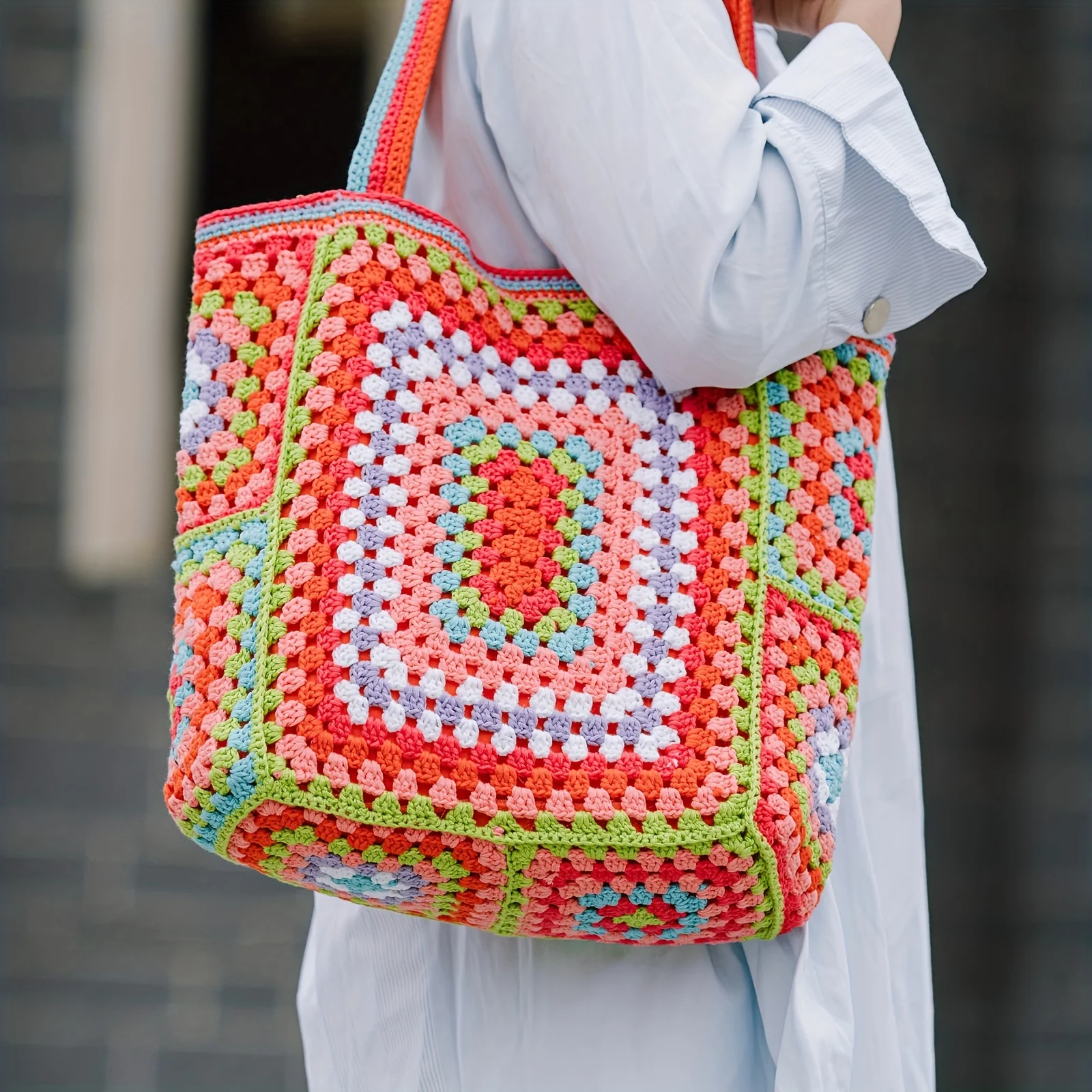Vibrant Bohemian Chic Crochet Tote Bag - Handcrafted, Fashion-Forward Ethnic Style - Perfect for Womens Travel Adventures, Versatile & Lightweight - Deanwangkt