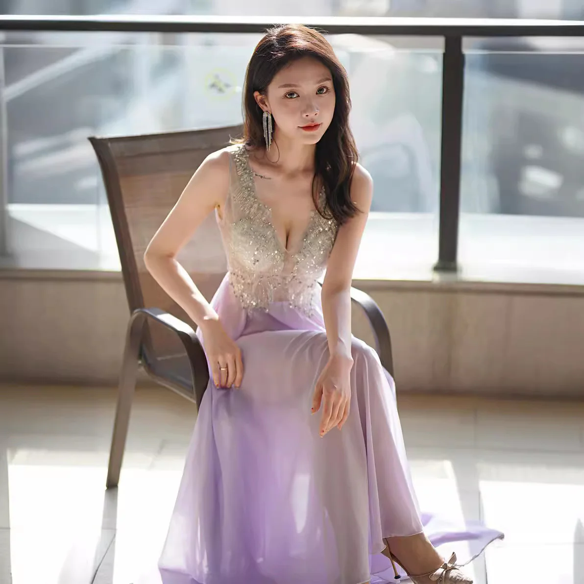 2025 Hot-selling sexy nightclub perspective mesh A pendulum chiffon fairy pure lace diamond sequins KTV bath dress - Deanwangkt