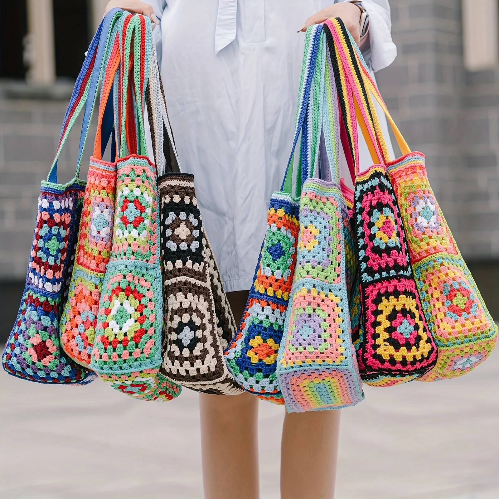 Vibrant Bohemian Chic Crochet Tote Bag - Handcrafted, Fashion-Forward Ethnic Style - Perfect for Womens Travel Adventures, Versatile & Lightweight - Deanwangkt