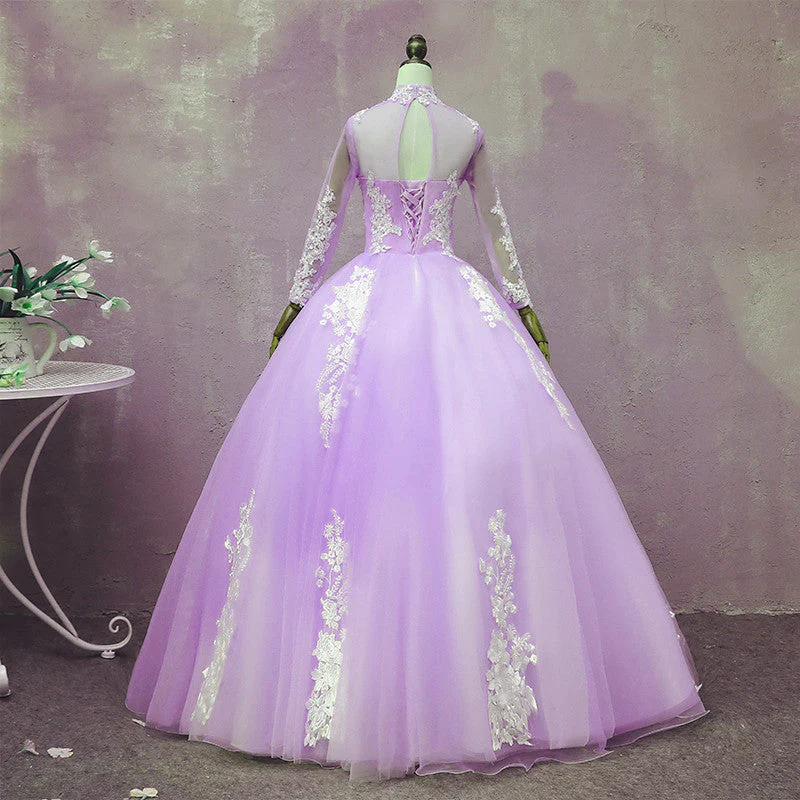 Solvbao Light Purple Tulle Long Sleeves Applique Sweet 16 Gown, Beautiful Evening Dress Formal Dress - Deanwangkt