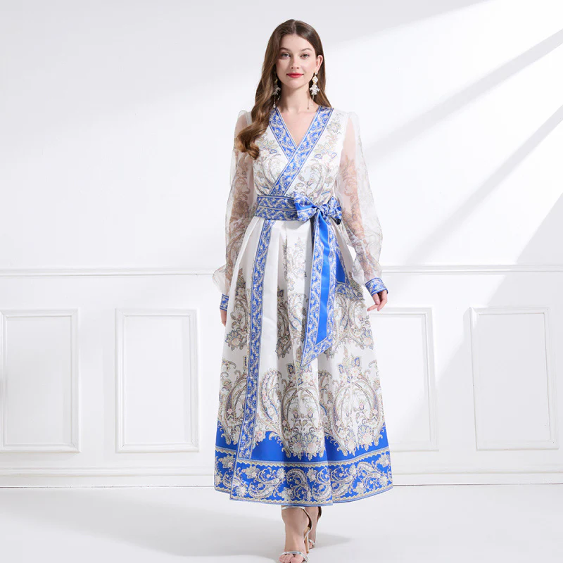 retro court style printed dress for women's design, waist strap V-neck lantern long-sleeved knee dress - Deanwangkt