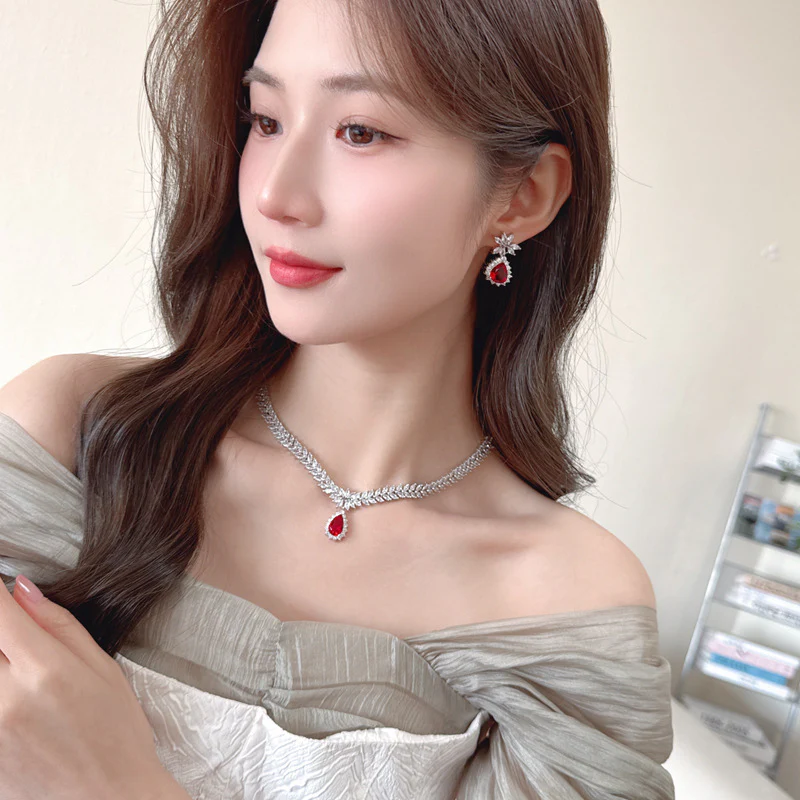 2025 Luxury high-end necklace, earrings, women's zircon jewelry, wheat ears, water drop set, wedding dress, evening dress accessories, banquet jewelry. - Deanwangkt