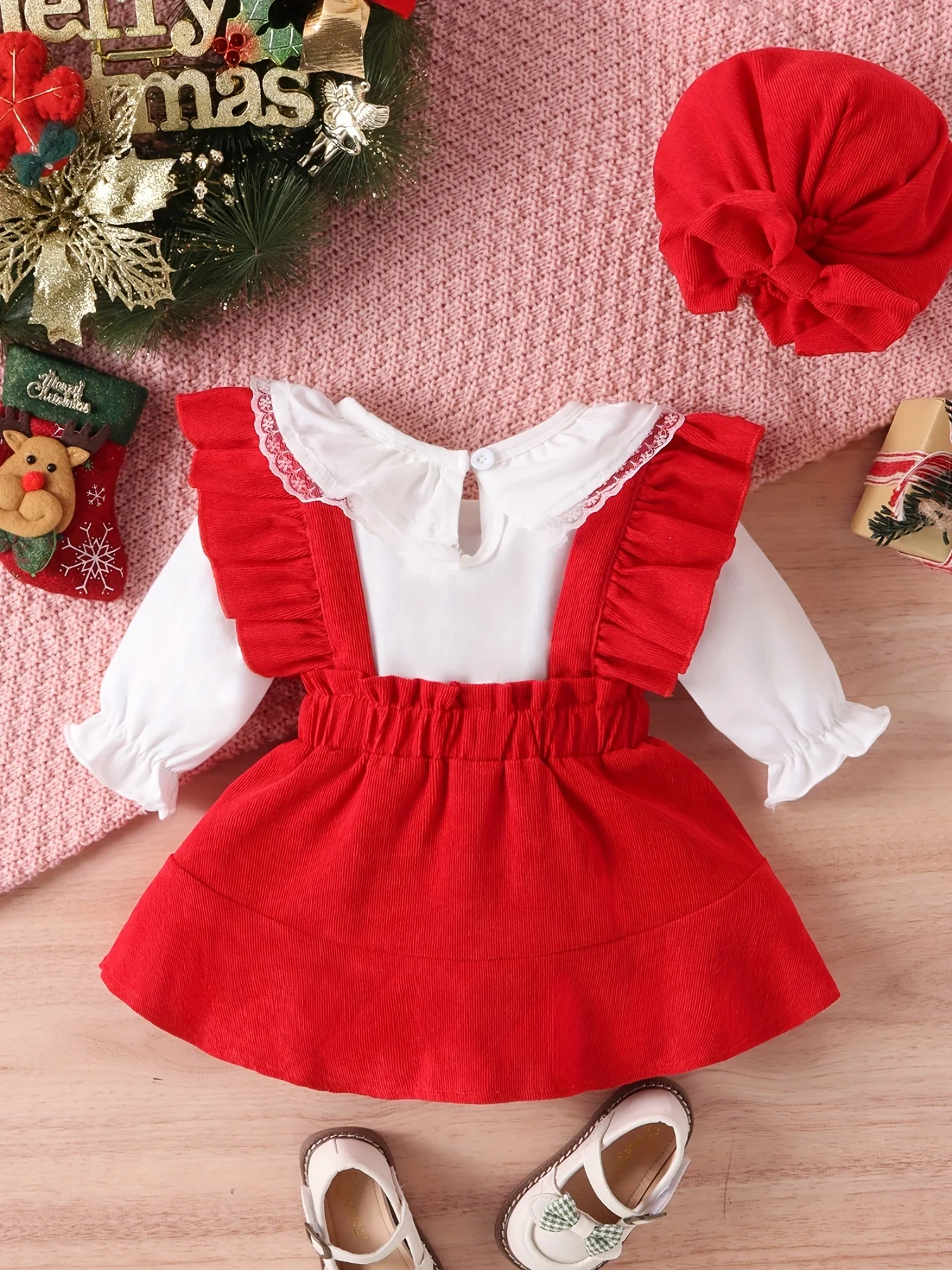 Baby Girls Cute Lace Trim Long Sleeve Romer + Red Plaid Suspender Skirt + Hat 3pcs Set Party Christmas Outfit, Coquette Style - Deanwangkt