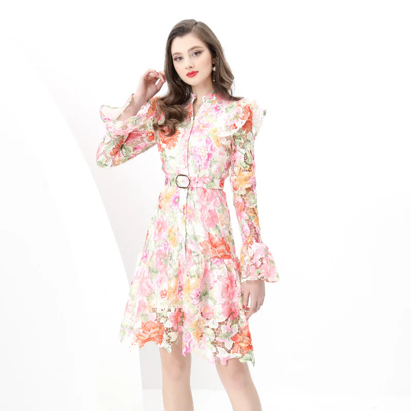 New Popular trade women's retro lace V-neck waist long-sleeved pleated lace print dress - Deanwangkt