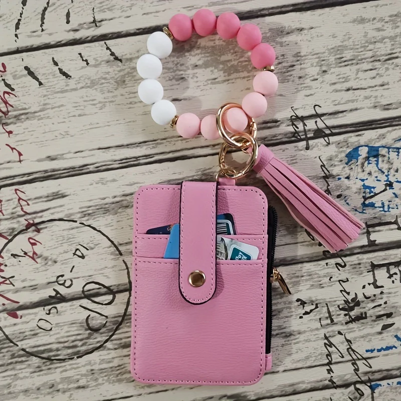 Single Retro Round Silicone Beaded Wristlet Keychain with PU Leather Wallet Card Holder, Ring Buckle, Tassel, and Phone Lanyard - Perfect Couple Keychain for Valentines Day Gift - Plant Theme, Tool, and Bag Charm Included - Deanwangkt