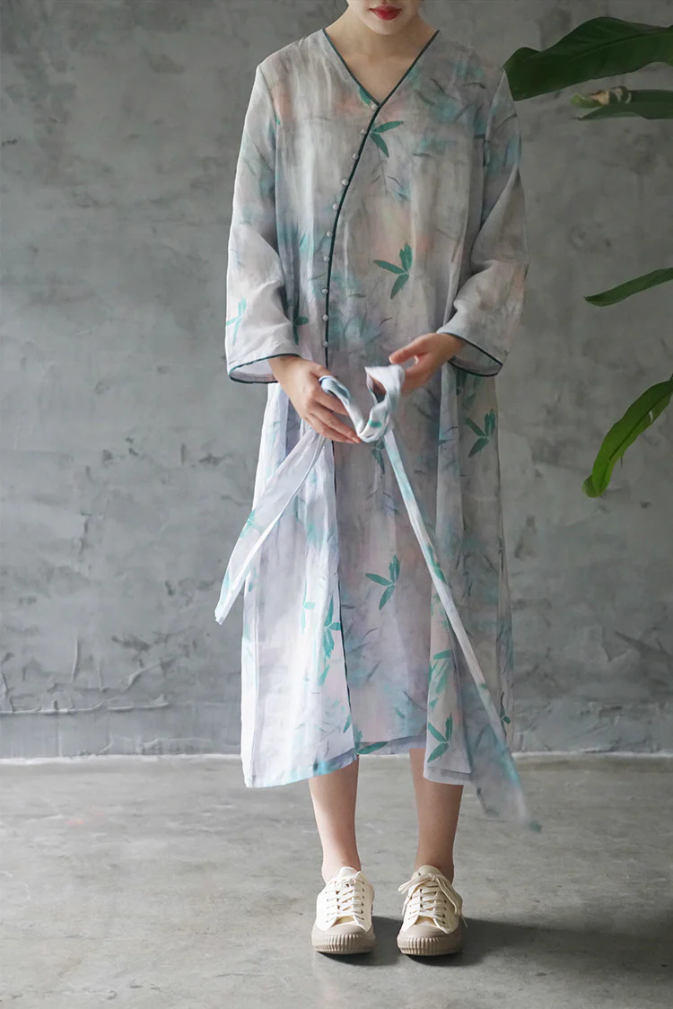 literary and artistic V-neck diagonal ramie printed multi-button dress, retro and fresh design travel robe L2248 - Deanwangkt