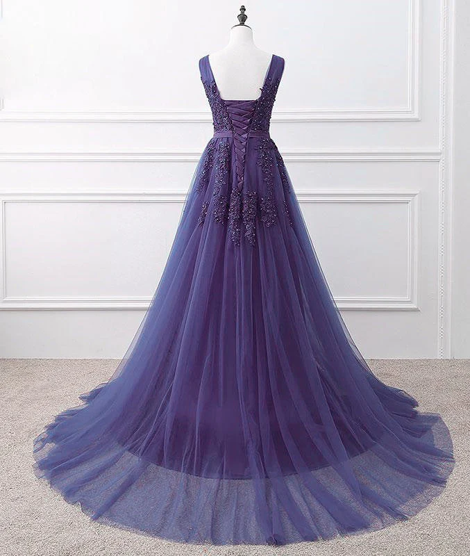Solvbao Lovely Purple Handmade Tulle V-neckline Long Party Dress, Purple A-line Bridesmaid Dress - Deanwangkt