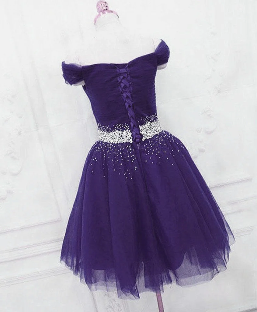 Solvbao Purple Tulle Beaded Cute Off Shoulder Short Prom Dress, Purple Homecoming Dress Party Dress - Deanwangkt