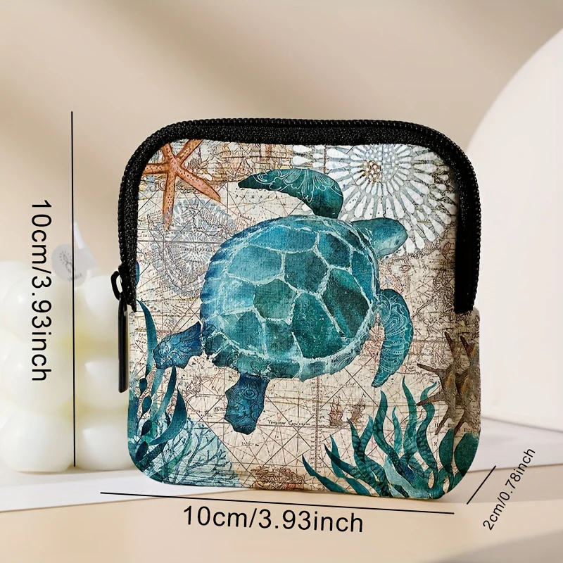 Multi-Pocket Turtle Print Hanging Coin Purse - Spacious Key Card Holder, Mini Earphone Storage Bag, Durable Polyester Material, Stylish Accessory for Daily Use - Deanwangkt