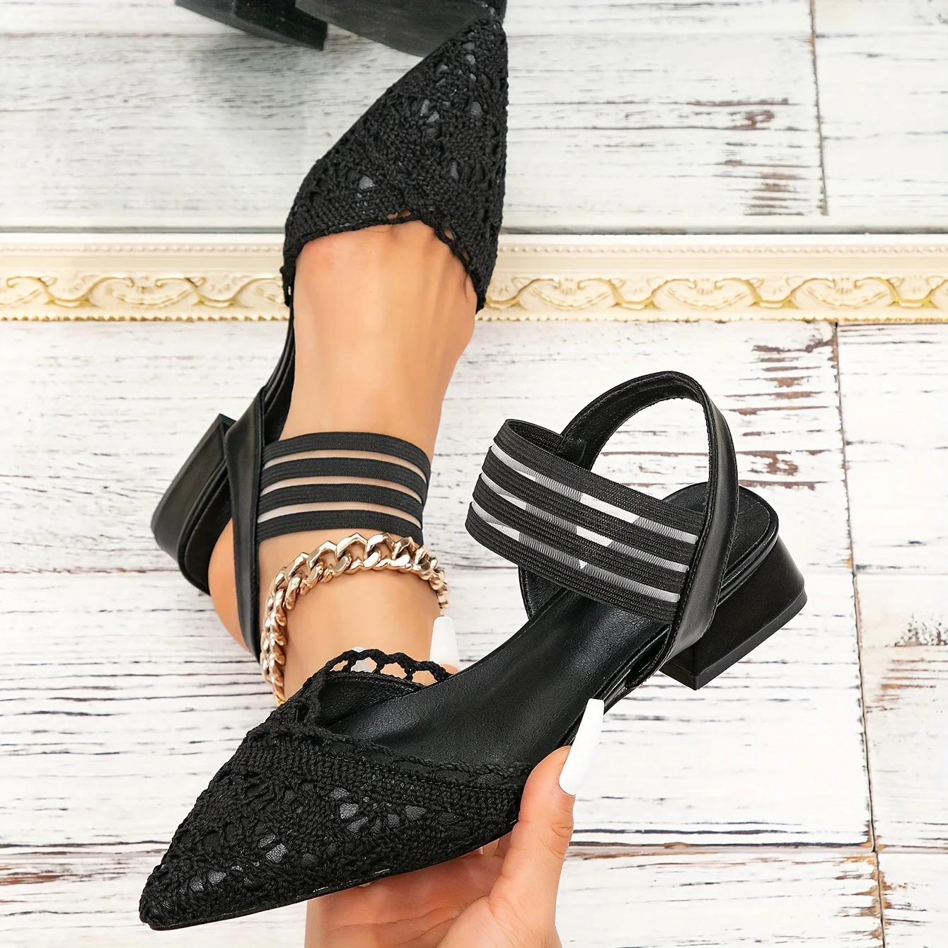 Women's Hollow Out Slingback Sandals, Classic Pointed Toe Elastic Strap Slip On Shoes, Solid Color Summer Outdoor Sandals - Deanwangkt