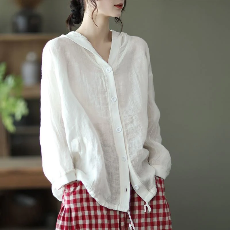 Literary retro cotton and linen hooded jacket women's summer loose casual thin sunscreen shirt versatile long-sleeved cardigan top - Deanwangkt