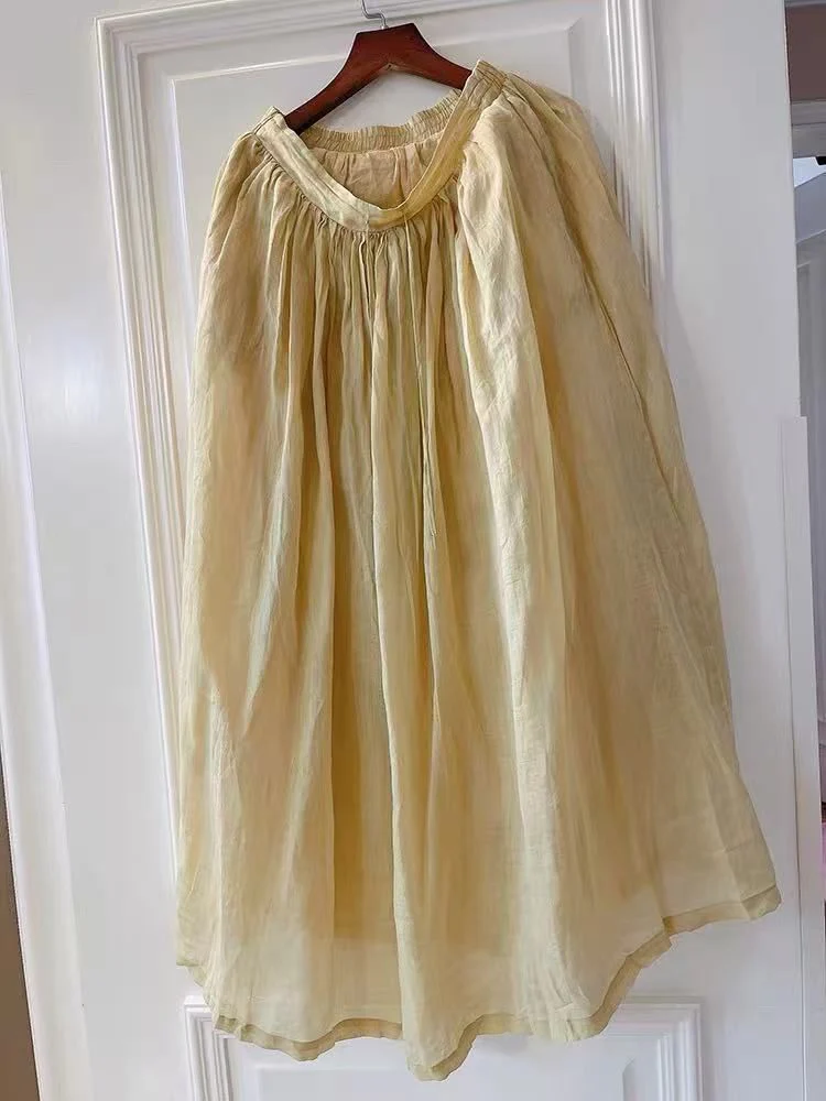 summer new literary and retro national style elastic waist cotton and linen loose yoga double-layer elegant fairy skirt - Deanwangkt