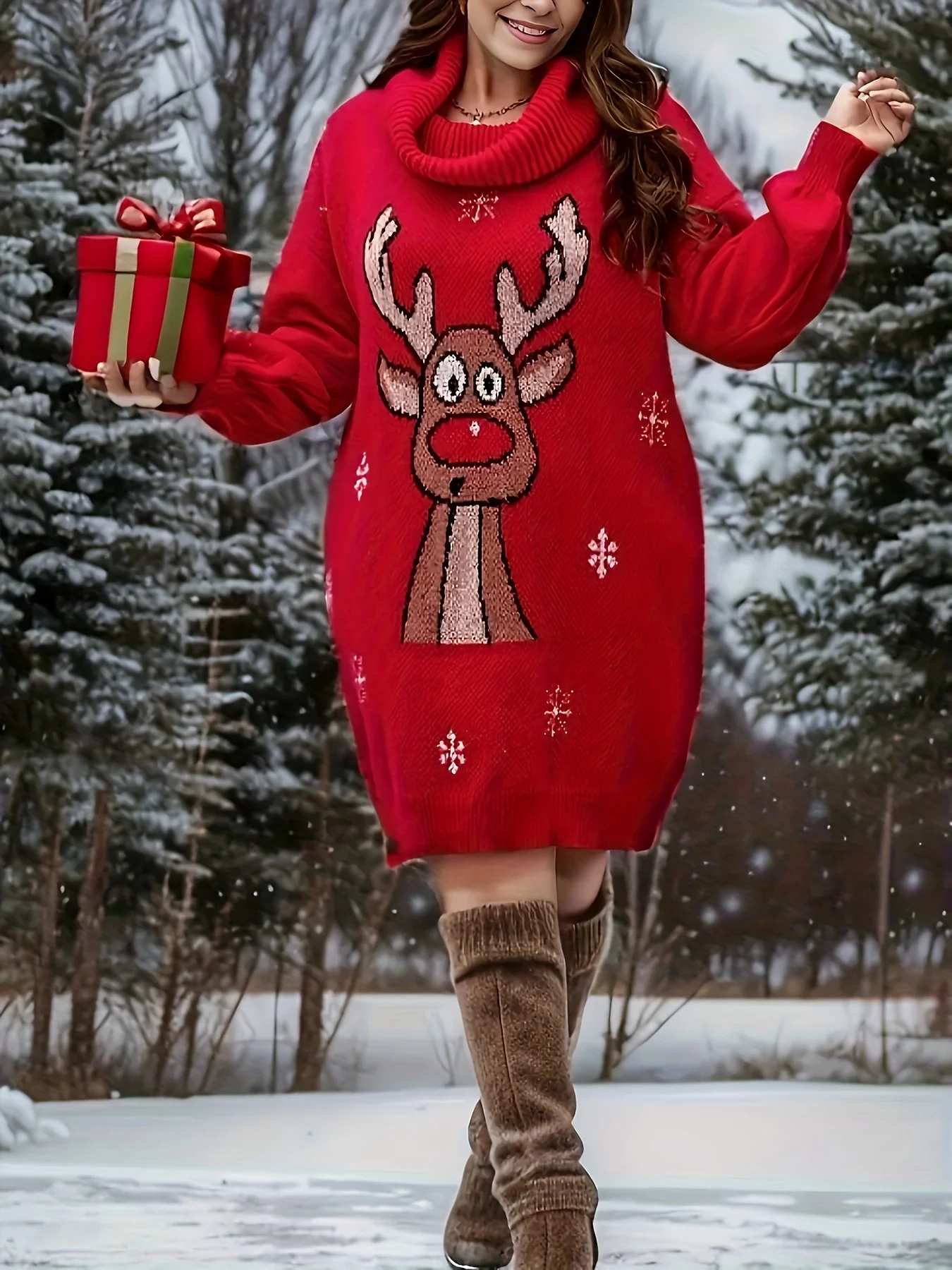 Plus Size Christmas Pattern Casual Long Sleeve Turtle Neck Sweater Dress for Fall & Winter Women's Clothing - Deanwangkt
