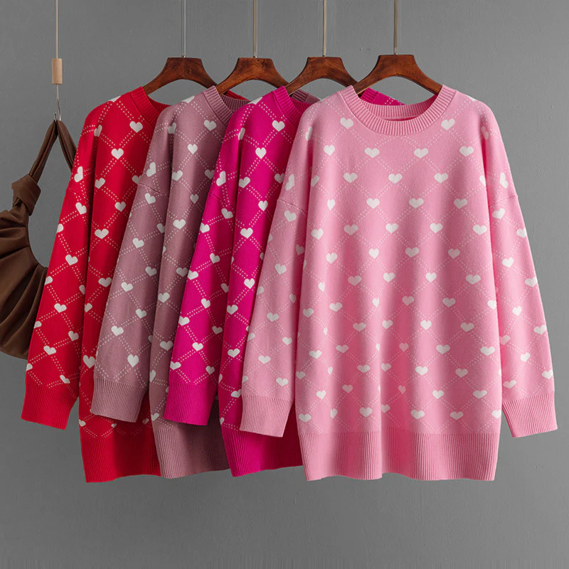 DEANWANGKT New autumn and winter new 2025 trade 2025 cross-border sweaters medium and long knitted sweaters love jacquard pullover large size sweater - Deanwangkt