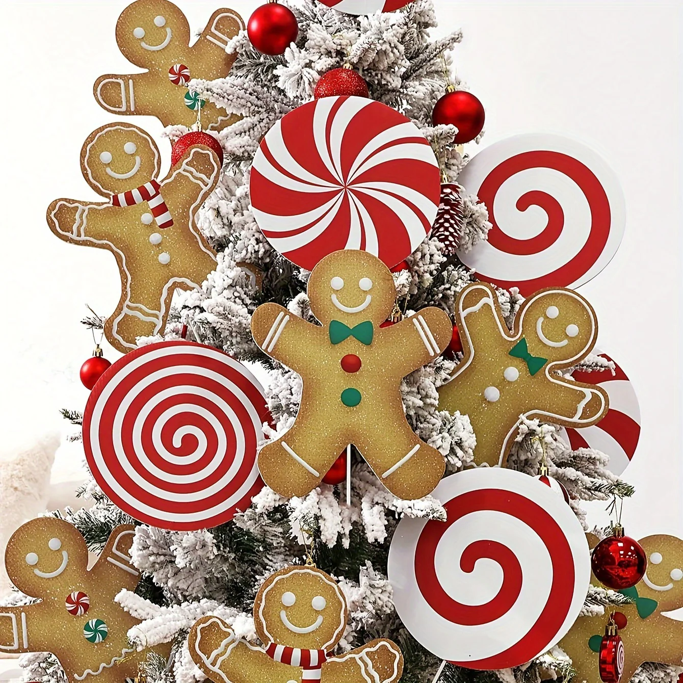 WINTOGETHER 4-8pcs Classic Christmas Gingerbread Man Ornaments, Red and White Candy Cane Tree Decorations, Large Festive Holiday Tree Toppers for Home, Office, and Party Decor, No Battery Required - Deanwangkt