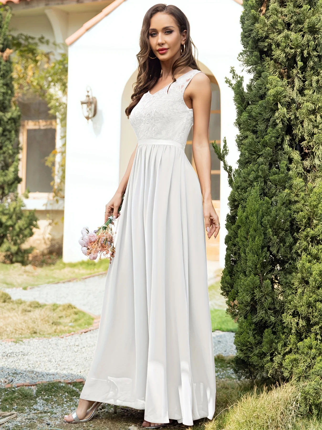 Alluring Solid Lace V-Neck Aline Dress - Timeless Sleeveless Design for Weddings & Special Occasions - Bridesmaids & Formal Events - Womens Clothing - Deanwangkt