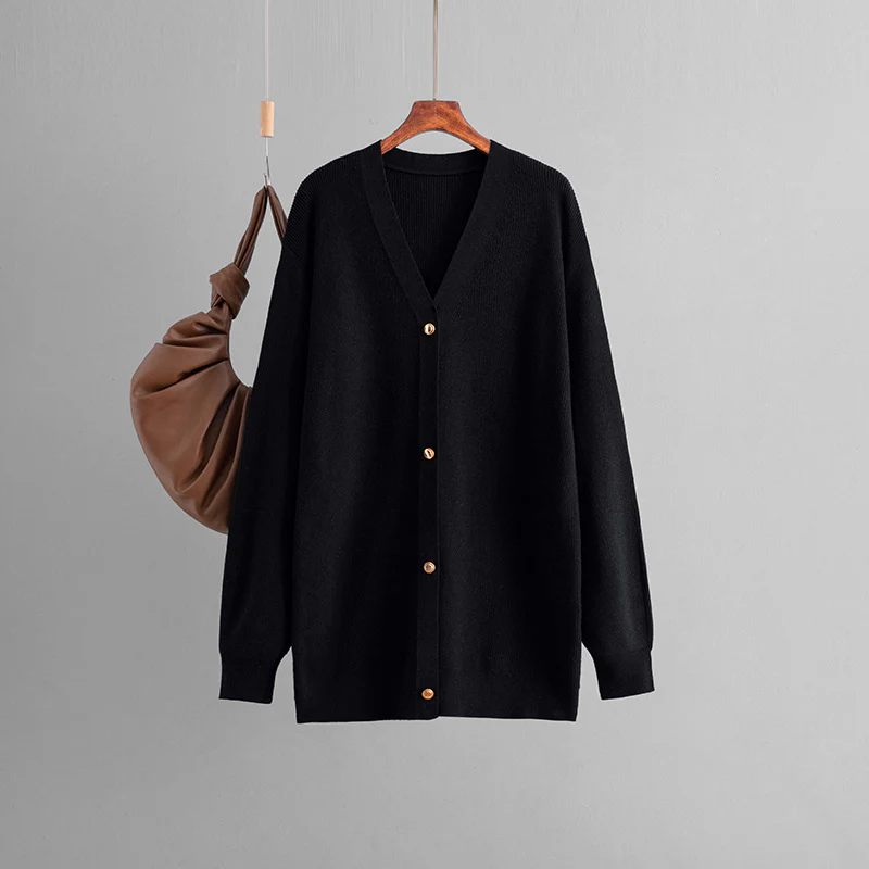 DEANWANGKT 2025 cross-border V-neck knitted cardigan women's New autumn and winter solid color loose medium and long sweater jacket top women - Deanwangkt