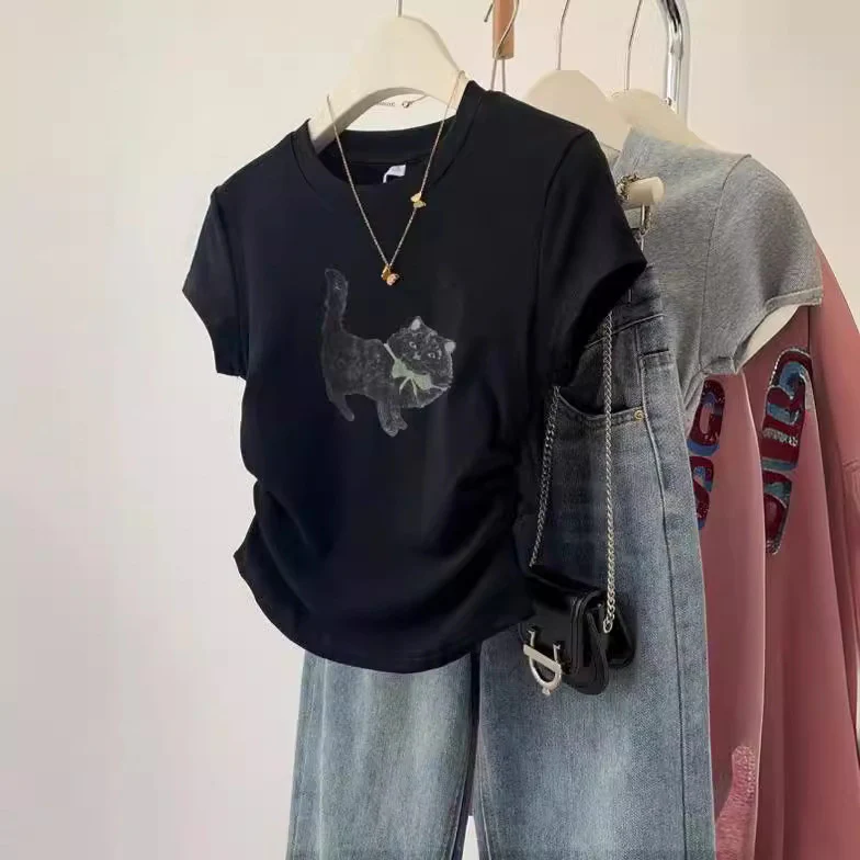 DEANWANGKT  American-Style Short-Sleeved T-shirt Women's Summer  New Small Slim Fit Slimming and Short T-shirt Hot European and American Top - Deanwangkt