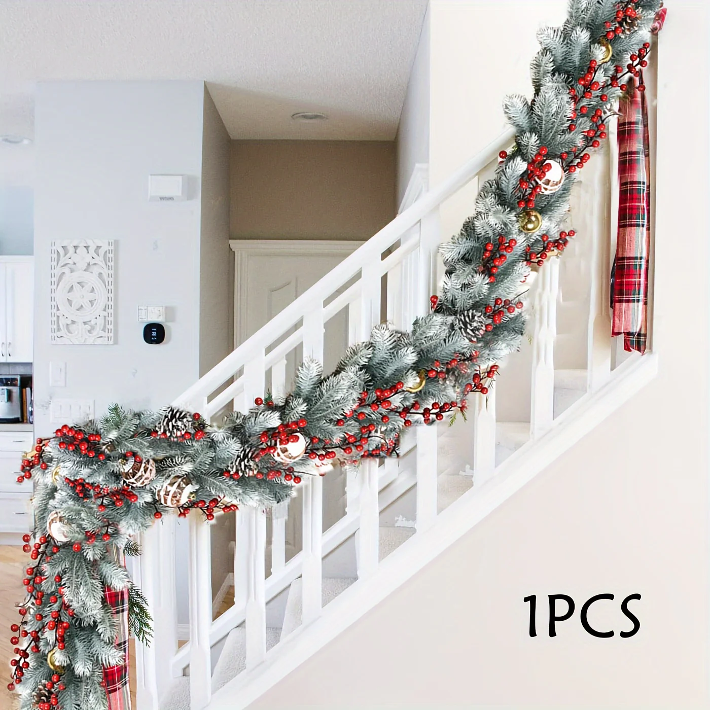 Vintage Style 74.8inch Artificial Pine Christmas Swag - Plastic Faux Fir Garland with Flowers Theme - No Power Needed, Feather-Free - Perfect for Holiday Decorations, Christmas, Halloween, Hanukkah - Deanwangkt