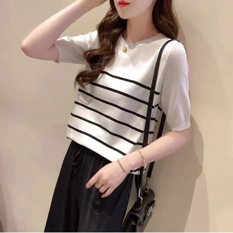 DEANWANGKT  Ice Silk Sweater Women's Short-Sleeved Summer New Korean Style Loose Thin T-shirt Black and White Striped round Neck Top - Deanwangkt