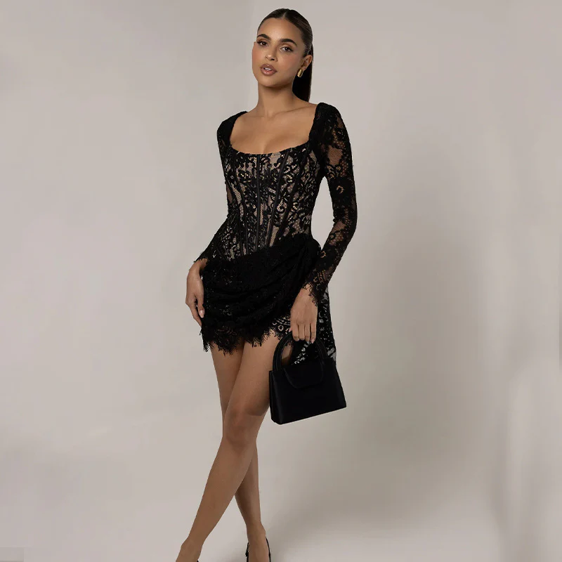 2025 DEANWANGKT   women's clothing autumn and winter new Spice Girl style sexy lace splicing backless slim hip dress women - Deanwangkt