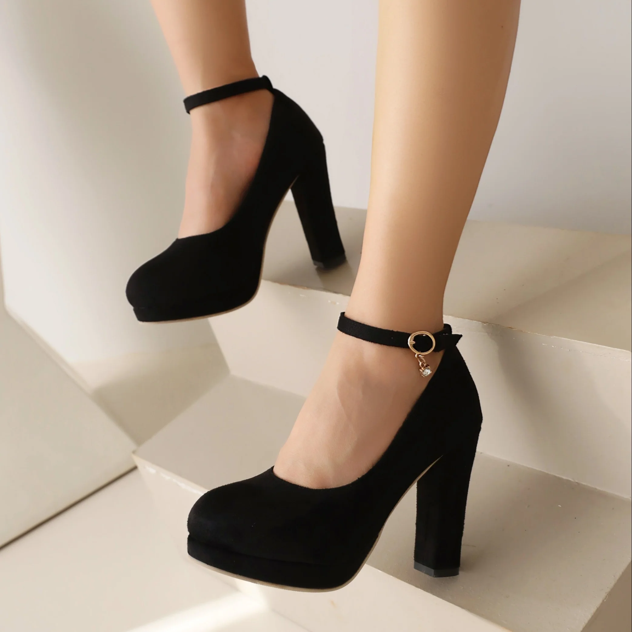 deanwangkt  Women's Platform Dress Pumps, Elegant Black Ankle Strap Block High Heels, All-Match Evening Shoes - Deanwangkt
