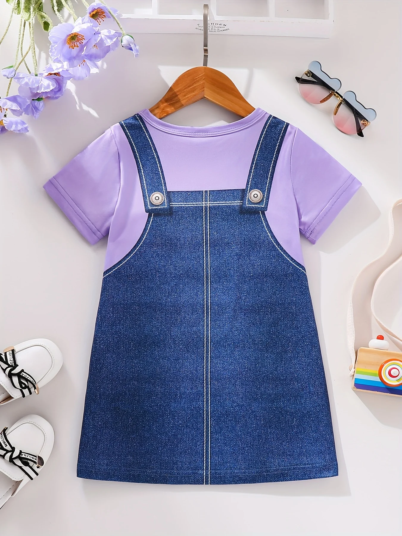 Girls Adorable 3D Cartoon Cat Graphic Round Neck Short Sleeve Dress - Soft Slight Stretch Polyester Fabric, Elegant Style, Machine Washable, Perfect for Spring, Summer, and Fall Daily Wear - Deanwangkt