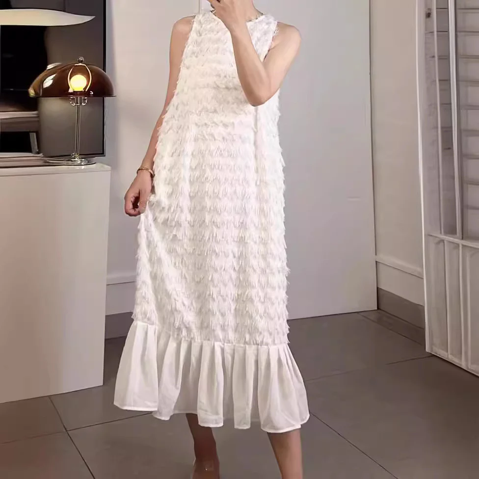 2025 (Spot) Summer Premium  Fishtail Dress Chiffon Feather Holiday Loose Sleeveless Vest Skirt - Deanwangkt
