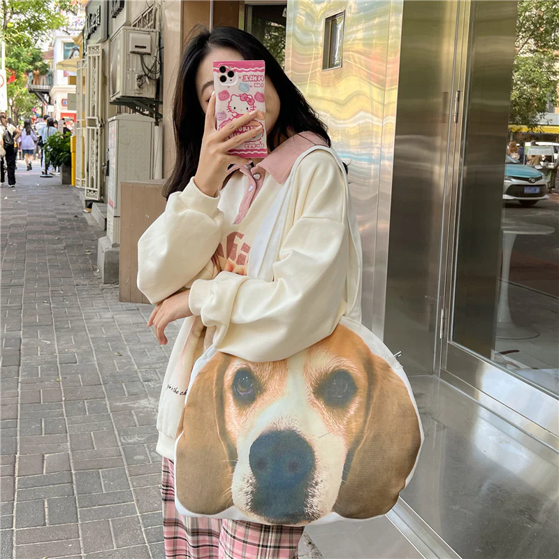 DEANWANGKT 2025 Bag  new  ins cute puppy funny canvas bag large capacity tote bag women's bag shoulder bag - Deanwangkt