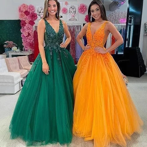 2025V-neck tulle ball dress lace applique long ball dress  new formal evening dress - Deanwangkt