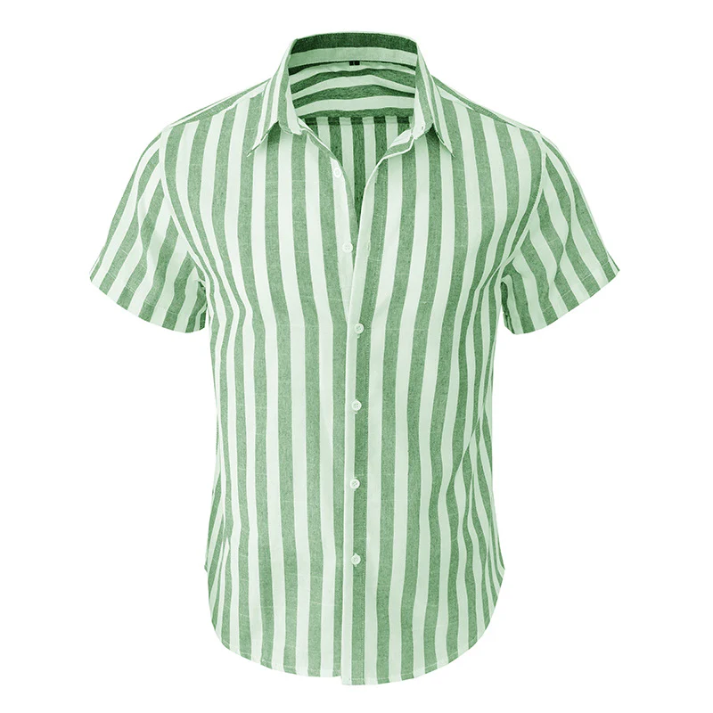 DEANWANGKT 2025 men's casual summer beach fashion short-sleeved striped dress shirt, New Popular trade Hawaiian shirt - Deanwangkt