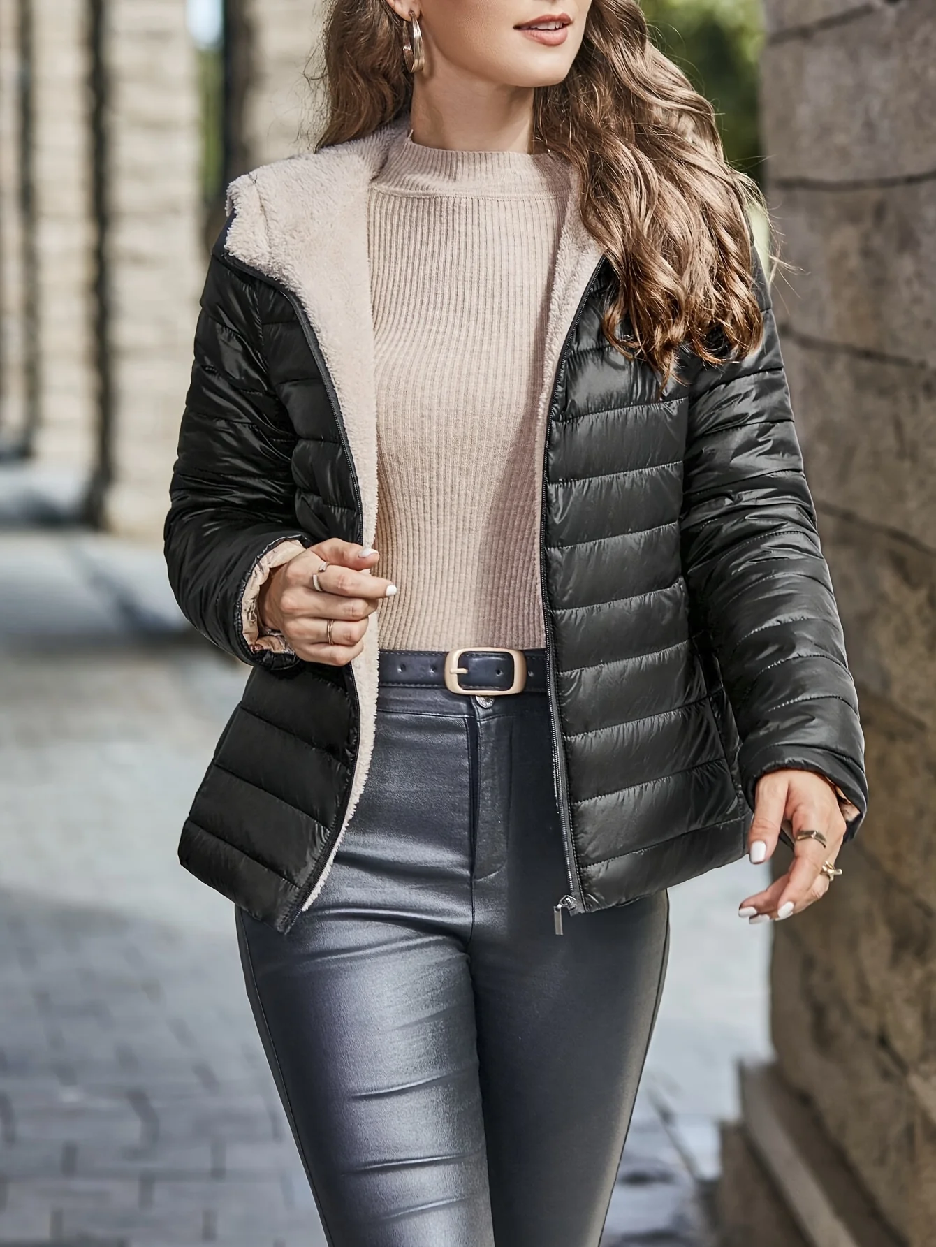 Cozy Quilted Fluffy Jacket - Quilted Lightweight Jackets with Fleece Lining, Zip-up, Hooded, Long Sleeve, Warm, and Casual Outerwear for Winter - Women's Clothing with Comfortable Fit - Deanwangkt