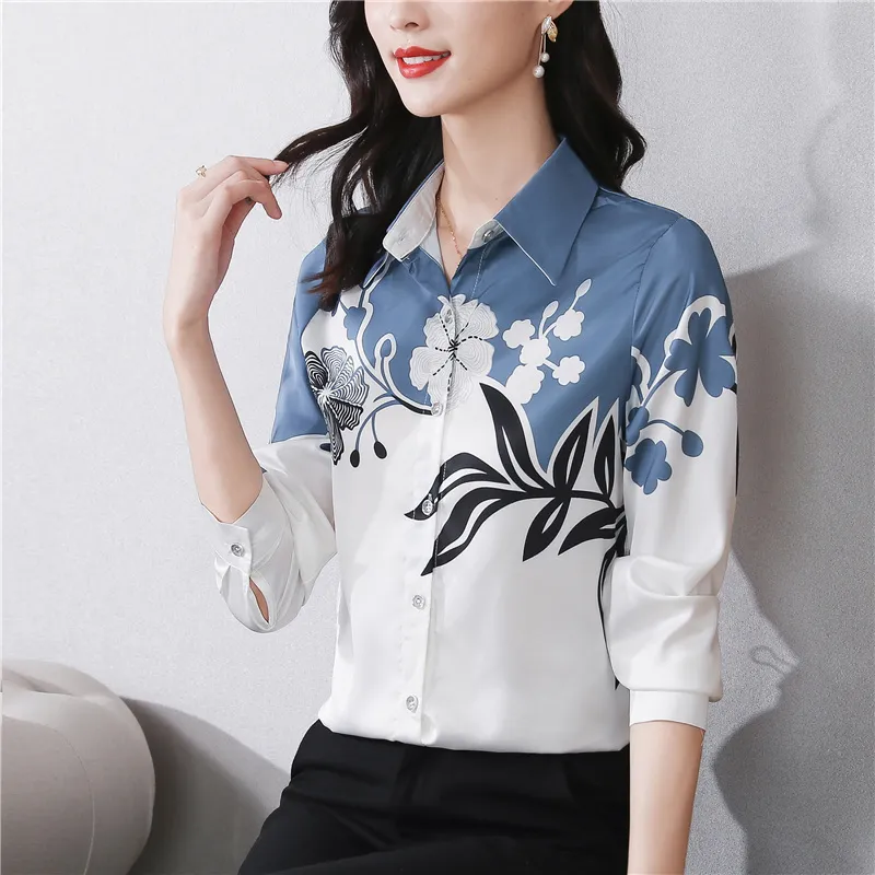 Women's Designer Floral Printed Shirt With Neck Bow Plus Size Elegant Long Sleeve Office Ladies Runway Silk Button Shirts Sweet Girl Chic Satin Blouses Red Tops - Deanwangkt