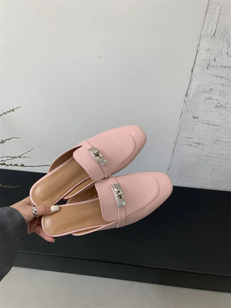 DEANWANGKT  Closed Toe Half Slippers Women's Summer Outdoor Mules  New Horsebit Buckle Flat Shoes Genuine Leather Internet Celebrity Lazy Sandals - Deanwangkt