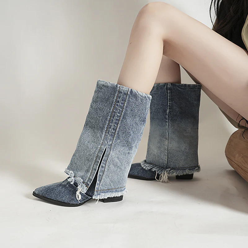 New Color Block Denim Pointed Chunky Heel High Heel Middle Boots Fashion Sexy HOTan and NEWn Cross-Border plus Size Women's Boots - Deanwangkt