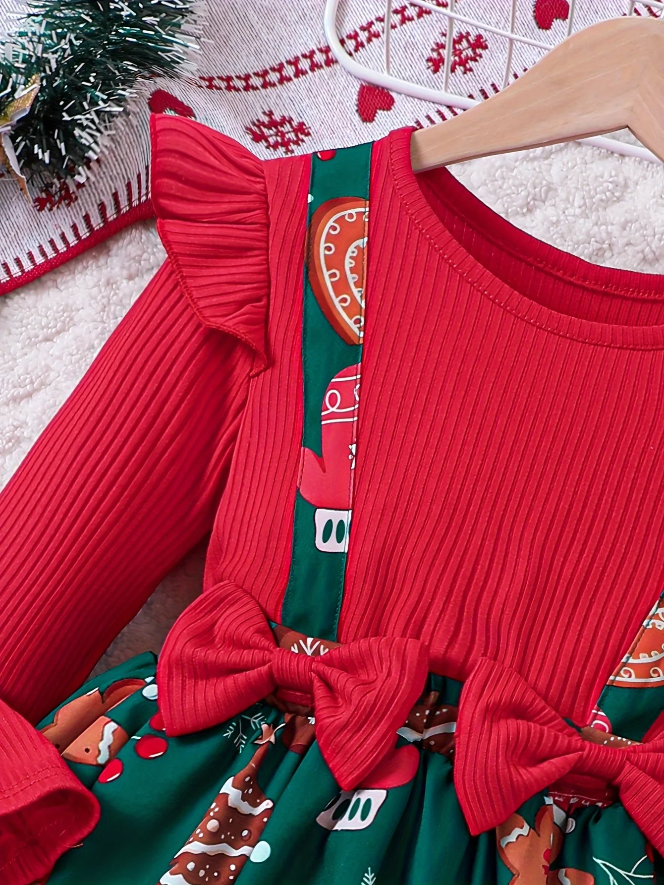 Festive Gingerbread Man Long Sleeve Dress for Girls - Special Occasion, Graphic Print, Flutter Trim, Fall Winter Christmas Gift Idea - Deanwangkt