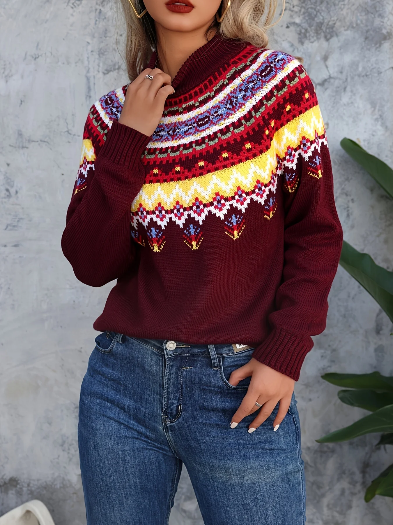 Women's Elegant Middle Eastern Style Acrylic Crew Neck Knit Pullover - Festive Snowflake & Wishing Tree Long Sleeve Sweater for Fall/Winter - Deanwangkt