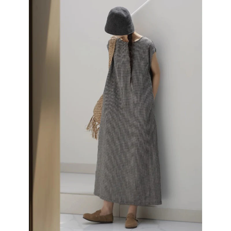 summer dyed cotton and linen plaid linen long dress paper person elegant literary retro dress women - Deanwangkt