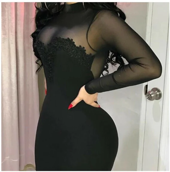 DEANWANGKT   Women's Collar Dress Long Sleeve Translucent Geometric Evening Dress Polyester Mini One-Piece Dress - Deanwangkt