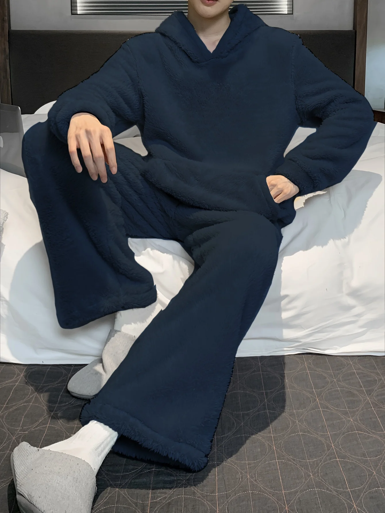 Men's Simple Style Solid Casual Pajamas Sets, Warm Flannel Lounge Wear, Long Sleeve Hoodies Pullover Top & Loose Pants - Deanwangkt