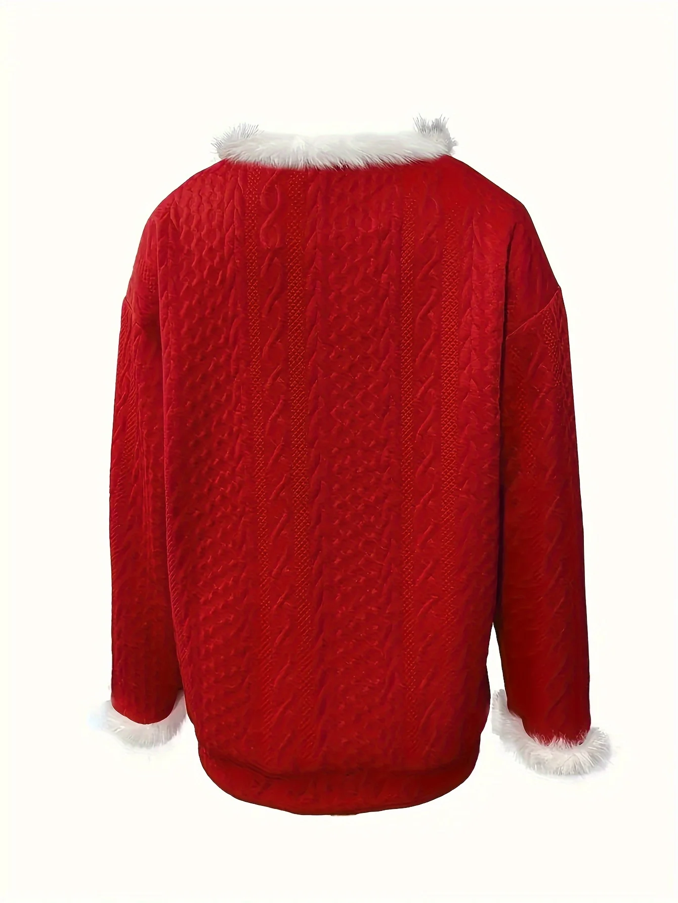 Women'S Plus Size Christmas Sweater with Faux Fur Trim, V-Neck Long Sleeve Pullover, Casual Knit Cardigan, Solid Color, Regular Fit, All Seasons - Deanwangkt