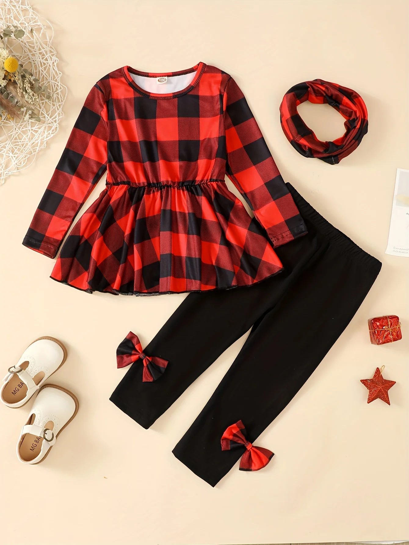 Girls' Christmas Outfits 3pcs, Plaid Top & Bow Pants & Plaid Scarf Set, Autumn outdoor Clothes Christmas - Deanwangkt