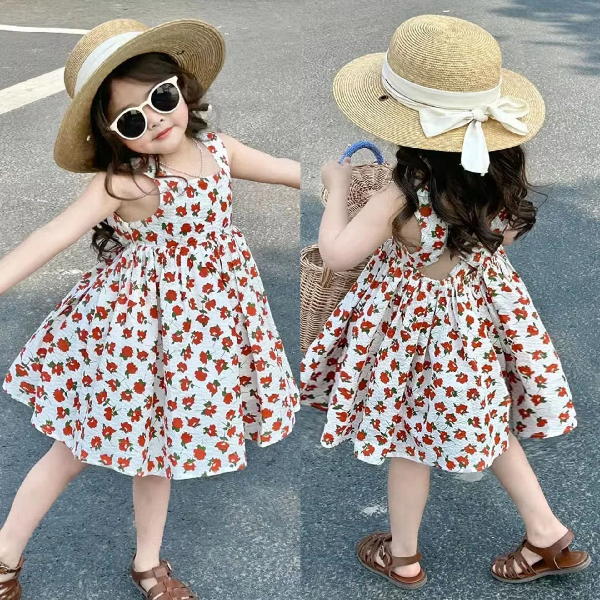 Girl's Strap Skirt Summer New Sweet Floral Cross Tank Top Beach Princess Dress Children One Piece Dropshipping - Deanwangkt