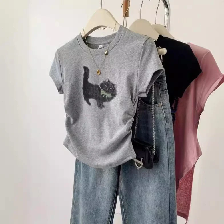 DEANWANGKT  American-Style Short-Sleeved T-shirt Women's Summer  New Small Slim Fit Slimming and Short T-shirt Hot European and American Top - Deanwangkt