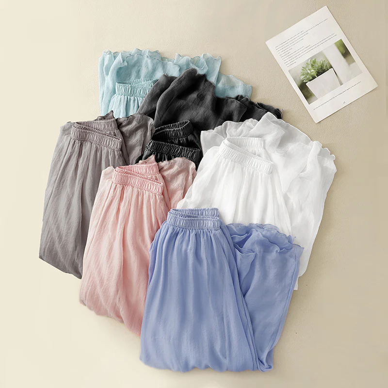 summer new national style elastic waist cotton and linen wide-leg pants loose yoga pants double-layer elegant nine-point pants culottes - Deanwangkt