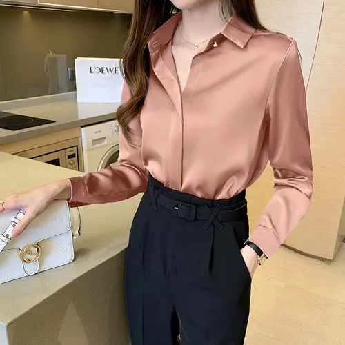 Women's Blouses Shirts Silk Women's Shirt Long Sleeve Fashion Woman Blouses Satin Top Female Shirts and Blouse Basic Ladies Tops OL Women Clothing 230503 - Deanwangkt
